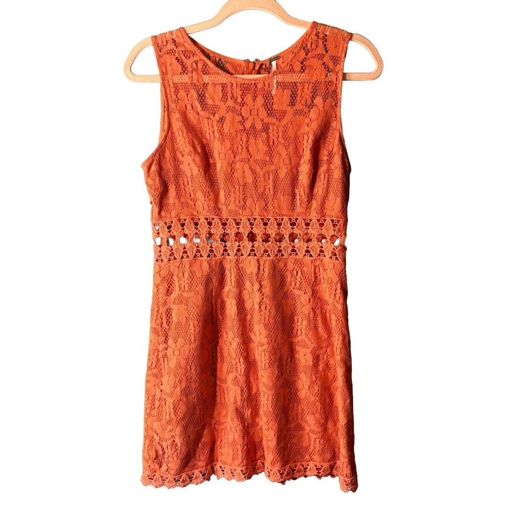 Free People Orange Lace Mini Dress Crochet Waist Boho Size 8